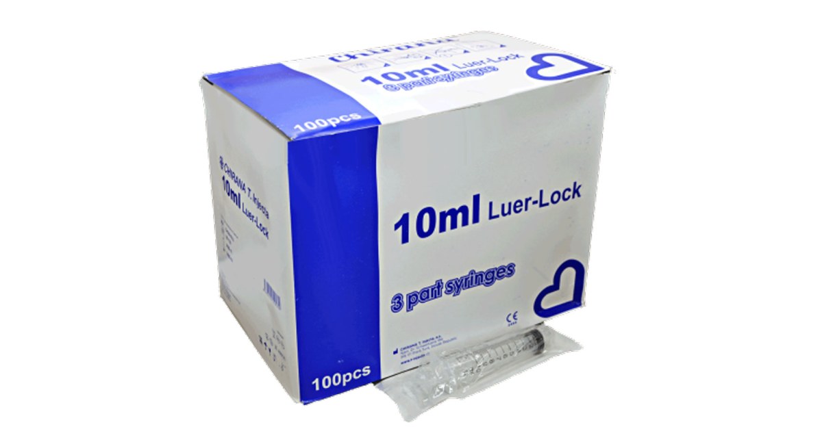 10mL Sterile 2-Part Plastic Syringe with Luer Lock - Individually Wrapped;  Package of 100